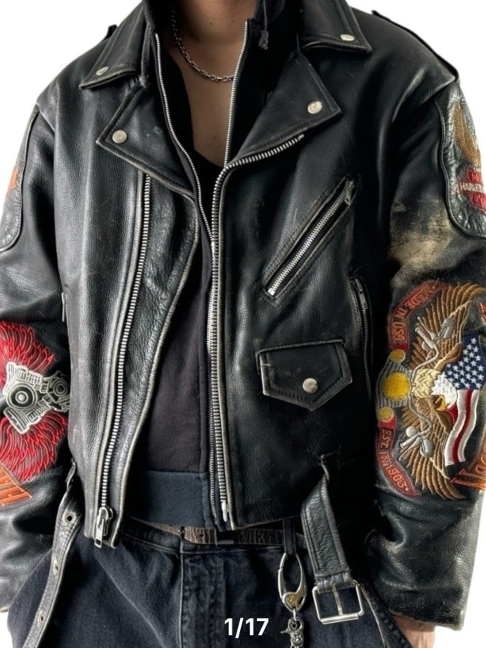 90s Harley Davidson Embroidered Double Riders Leather Jacket Black Biker